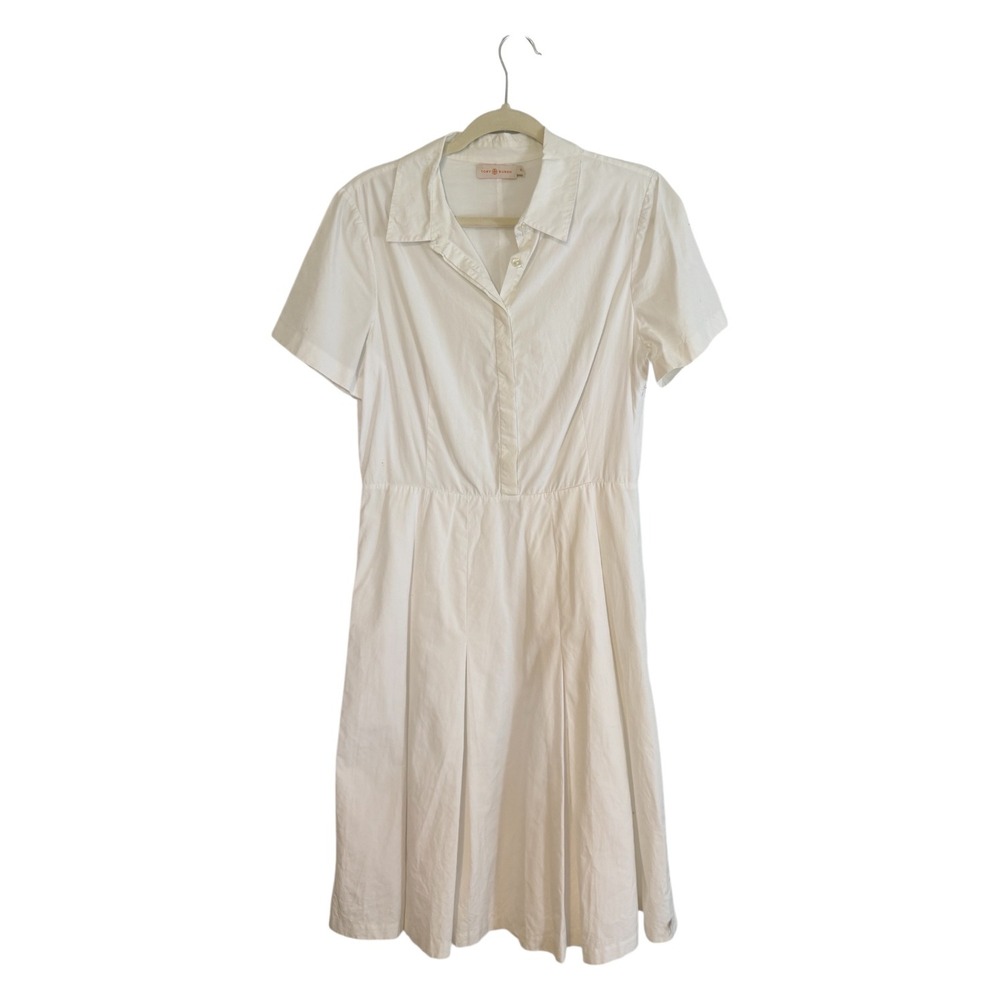 Tory Burch Pleated Shirtdress White 12 Cotton Short Sleeve 51131472 Classic